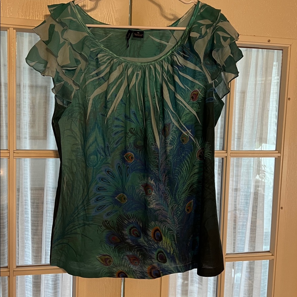 Peacock Feather Print Blouse with Ruffled Sleeves